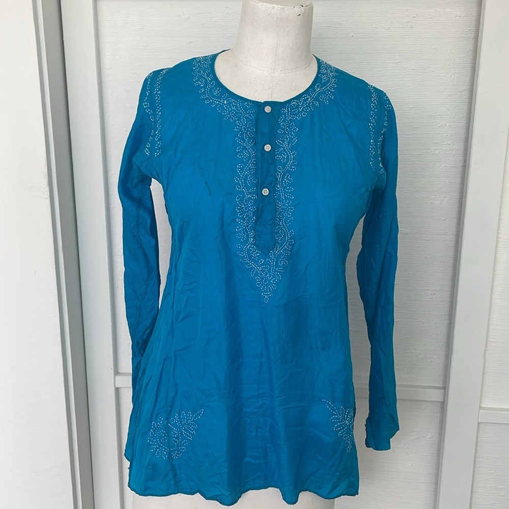 Phelyge New York: turquoise silk tunic blouse